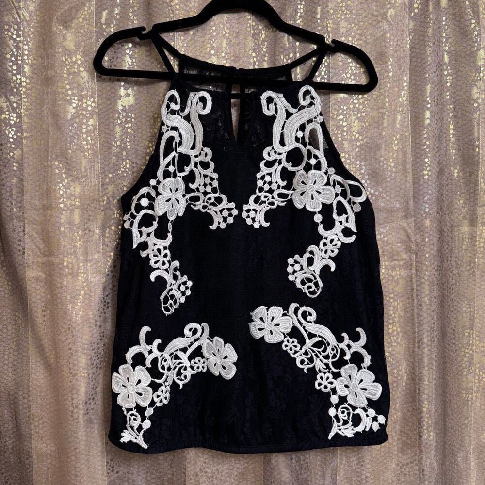 INC International Concepts Black White Lace Halter Blouse Large Petite NWT